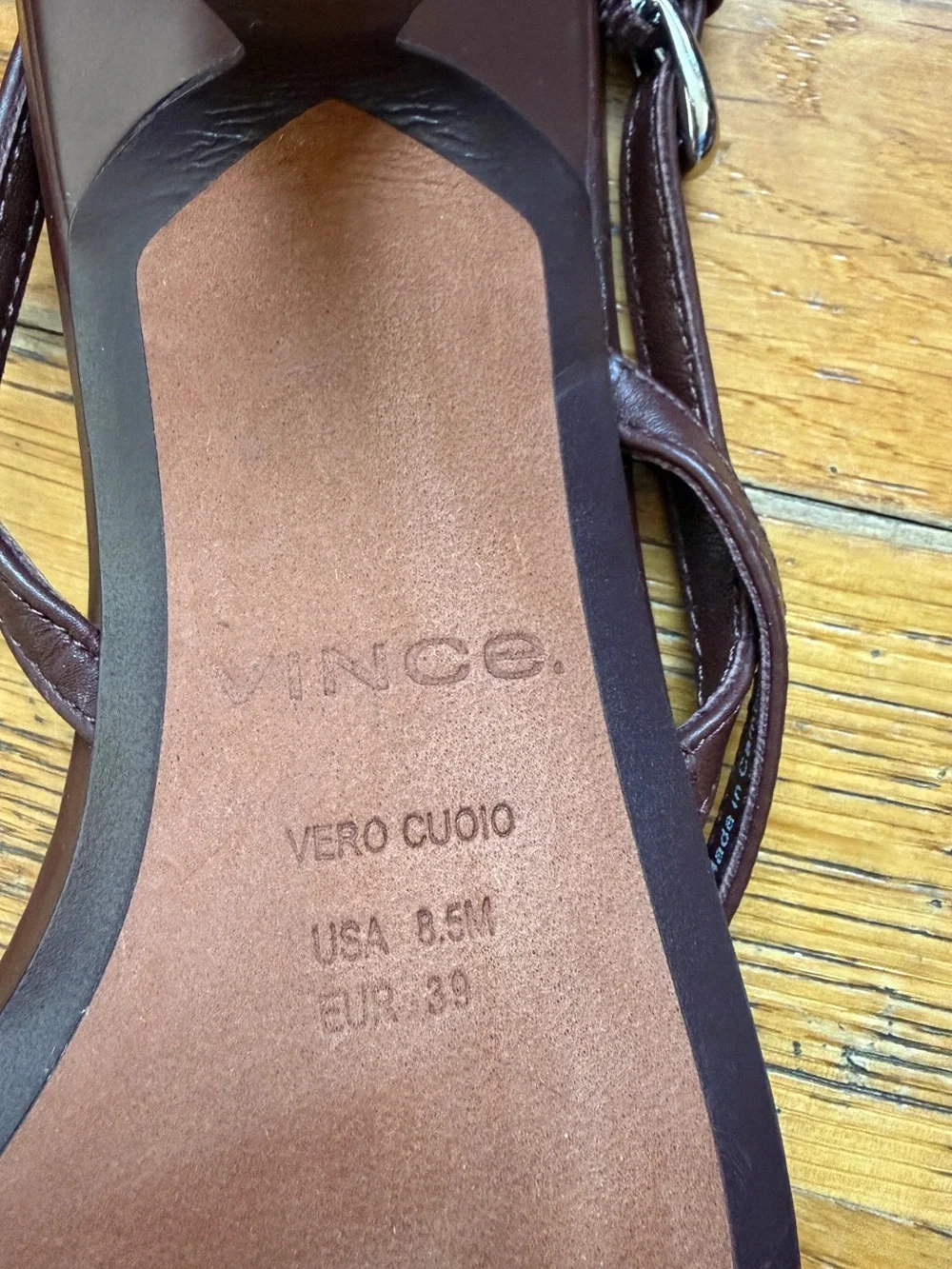 Vince Brown Leather Square-Toe Slingback Kitten Heel Sandals with Gold Accent